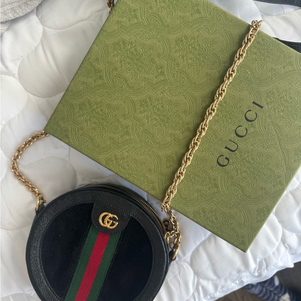 Gucci Black Mini Bag with Gold Chain and Green-Red Stripe